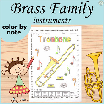 Preview of Brass Family Instruments Music Coloring by Note Pages | Music Sub Plans