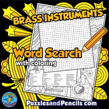 Preview of Brass Instruments Word Search Puzzle with Coloring | Music Wordsearch