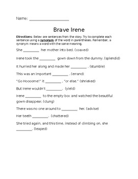 Preview of Brave Irene Vocabulary worksheet