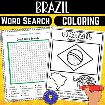 Preview of Brazil Activities | Word Search - Coloring Page (Flag - Map - Animal - Fun Fact)
