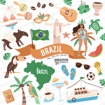 Preview of Brazil Travel Clip Art - Brazilian Flag - South American Continent World Map