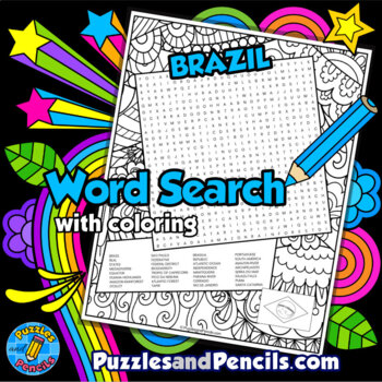 Preview of Brazil Word Search Puzzle Activity Page with Coloring | South America