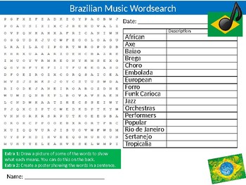 Preview of Brazilian Music Wordsearch Puzzle Sheet Keywords Brazil Genres