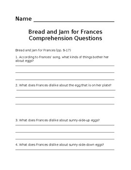 Preview of Bread and Jam For Frances Comprehension Questions for Guided Reading