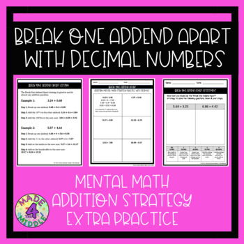 Preview of Break 1 Addend Apart With Decimals Mental Math Addition Strategy Extra Practice