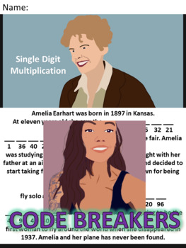 Preview of Break the Code! Amelia Earhart Mini-bio Single Digit Multiplication