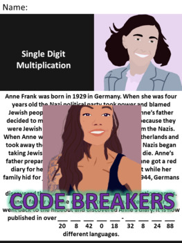 Preview of Break the Code! Anne Frank Mini-bio Single Digit Multiplication