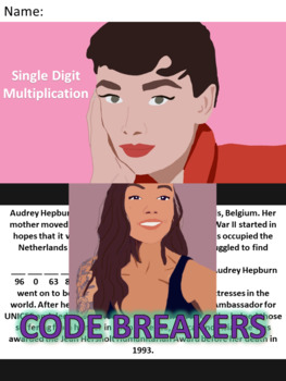Preview of Break the Code! Audrey Hepburn Mini-bio Single Digit Multiplication