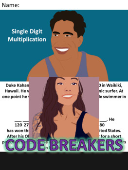 Preview of Break the Code! Duke Kahanamoku Mini-bio Distributive Property