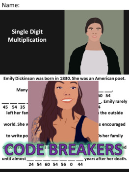 Preview of Break the Code! Emily Dickinson Mini-bio Single Digit Multiplication