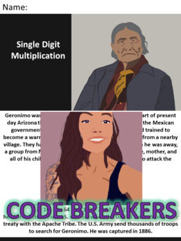 Preview of Break the Code! Geronimo Mini-bio Single Digit Multiplication