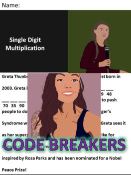 Preview of Break the Code! Greta Thunberg Mini-bio Single Digit Multiplication