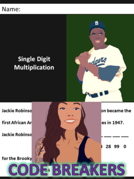 Preview of Break the Code! Jackie Robinson mini-bio Single Digit Multiplication