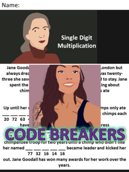 Preview of Break the Code! Jane Goodall Mini-bio Single Digit Multiplication