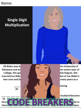 Preview of Break the Code! Jill Biden Mini-bio Single Digit Multiplication