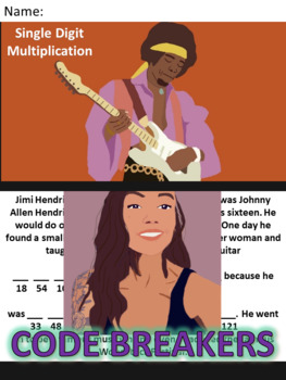 Preview of Break the Code! Jimi Hendrix Mini-bio Single Digit Multiplication