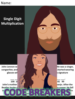 Preview of Break the Code! John Lennon Mini-bio Single Digit Multiplication