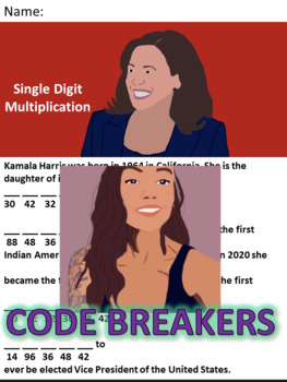 Preview of Break the Code! Kamala Harris Mini-bio Single Digit Multiplication