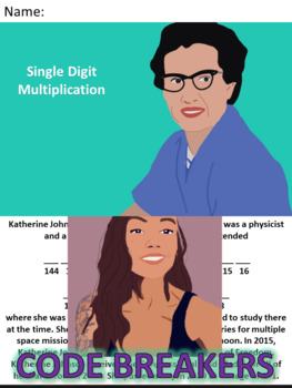 Preview of Break the Code! Katherine Johnson Mini-bio Single Digit Multiplication