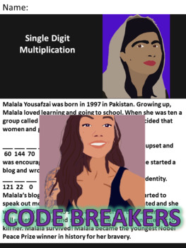 Preview of Break the Code! Malala Yousafzae Mini-bio Single Digit Multiplication
