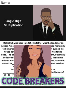 Preview of Break the Code! Malcolm X Mini-bio Single Digit Multiplication