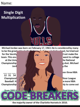 Preview of Break the Code! Michael Jordan Mini-bio Single Digit Multiplication