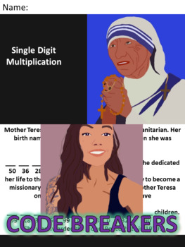 Preview of Break the Code! Mother Teresa Mini-bio Single Digit Multiplication
