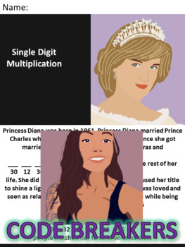 Preview of Break the Code! Princess Diana Mini-bio Single Digit Multiplication