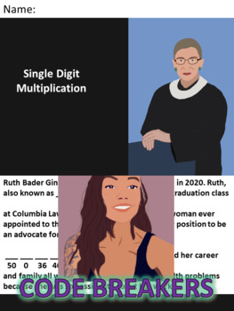 Preview of Break the Code! Ruth Bader Ginsberg Mini-bio Single Digit Multiplication
