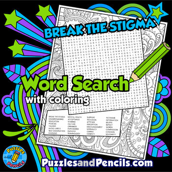 Preview of Break the Stigma Word Search Puzzle Activity Page with Mindfulness Coloring