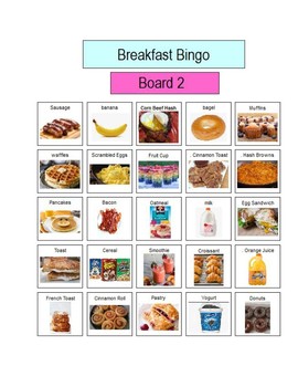 Breakfast Bingo - 5 Boards visuals picture supported PDF by KLS Reading
