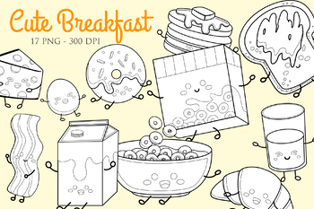 Preview of Breakfast Food Milk Tea Pancake Toast Cereal -Black White Outline- Digital Stamp