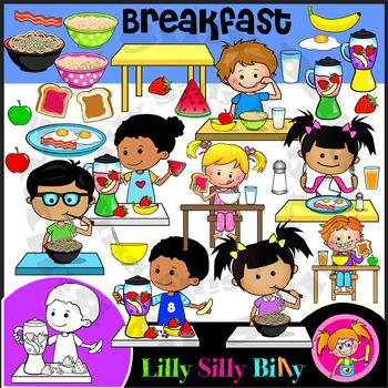 Preview of Breakfast Kiddos - Clipart in BLACK & WHITE/ full color. {Lilly Silly Billy}
