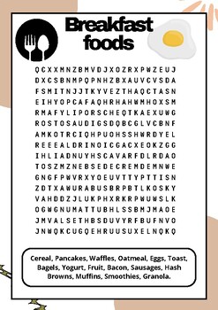 Breakfast foods : word searsh puzzle worksheet activity by Art with Mark