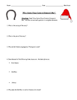 Preview of Bret Harte: "How Santa Claus Came to Simpson's Bar" Assessment & Answer Key