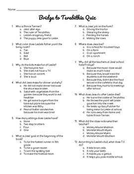 Bridge to Terabithia (Paterson) Comprehension Test or Quiz by The