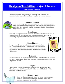 Preview of Bridge to Terabithia Reading Creative Project Activities and Rubric