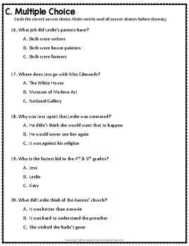 Bridge to Terabithia Test: Final Book Quiz with Answer Key ...