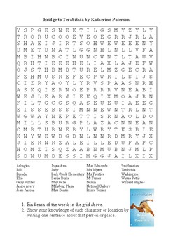 Bridge to Terabithia Wordsearch Puzzle by M Walsh TpT