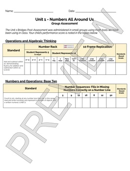 Preview of Bridges 1st Grade Standards Based Post-Assessment Cover Sheets: Unit 1