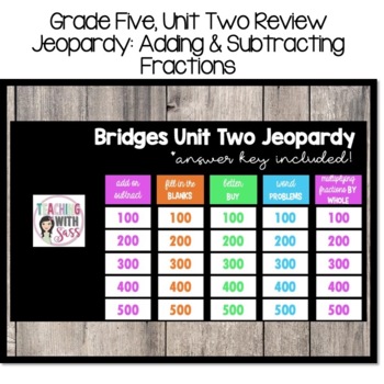 Preview of Math: Unit 2, Grade Five Jeopardy: Adding & Subtracting Fractions *Specific Curr