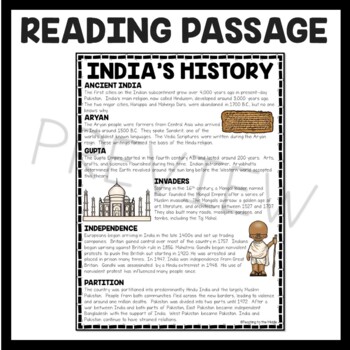 brief history of india reading comprehension worksheet tpt