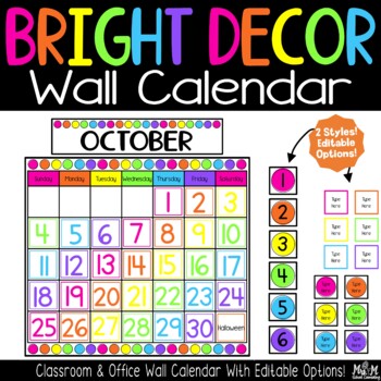 Preview of Bright Decor Wall Calendar / Editable Holidays Classroom Or Office Visual