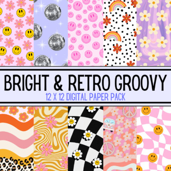 Bright & Retro Groovy Digital Paper Pack - 12x12in - 10 Different Papers