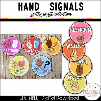 Preview of Bright Hand Signal Posters | Spotty Bright Classroom Decor | Classroom Hand Sign