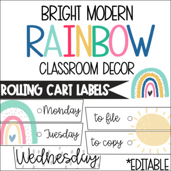 Preview of Bright Modern Rainbow Classroom Decor - 10 Drawer Rolling Cart Labels *Editable*