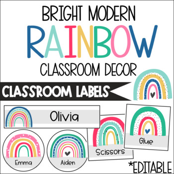 Preview of Bright Modern Rainbow Classroom Decor - Classroom Labels