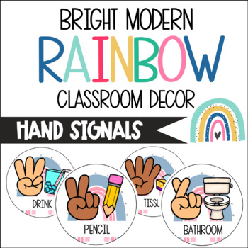 Preview of Bright Modern Rainbow Classroom Decor - Hand Signal Posters