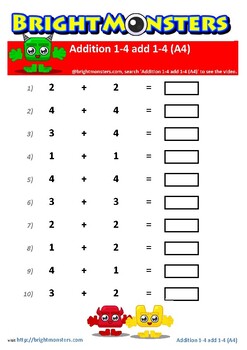 Preview of Bright Monsters - Addition Worksheet of Numbers 1 to 4 with Bonus Video