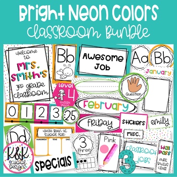 Preview of Bright Neon Colors Classroom Decor Bundle | Editable Growing Bundle